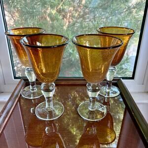 Set of 4 Artland Amber Bubble Glass Goblets 8.25” Tall Vintage Wine Glasses